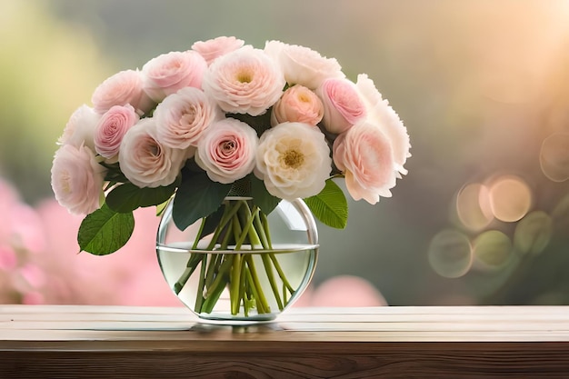 A vase of roses with a glass vase with water and a sun behind them.