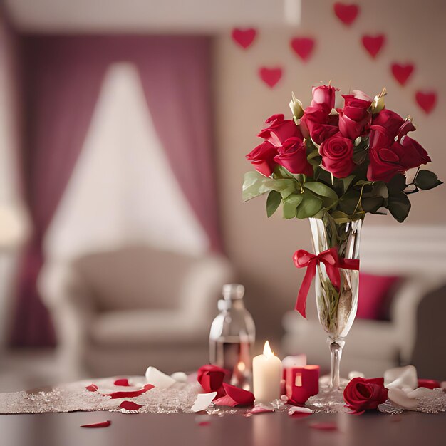Photo a vase of roses with hearts and candles on a table