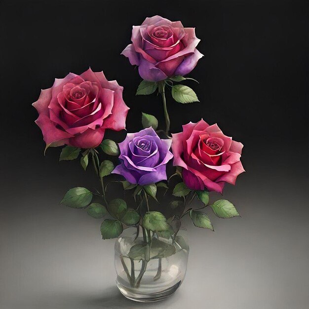 Photo a vase of roses with one pink and purple