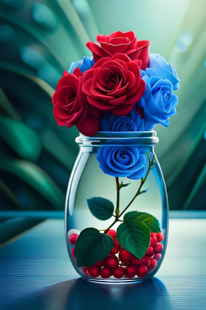 赤と青の花が入ったバラの花瓶