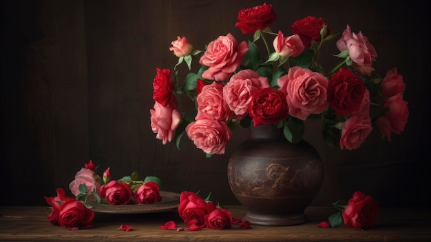 A vase of roses with a red flower on the table.