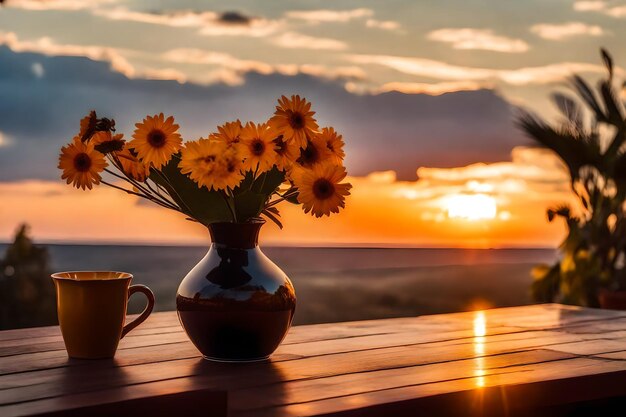 Photo a vase and some plates on a table with a sunset in the background