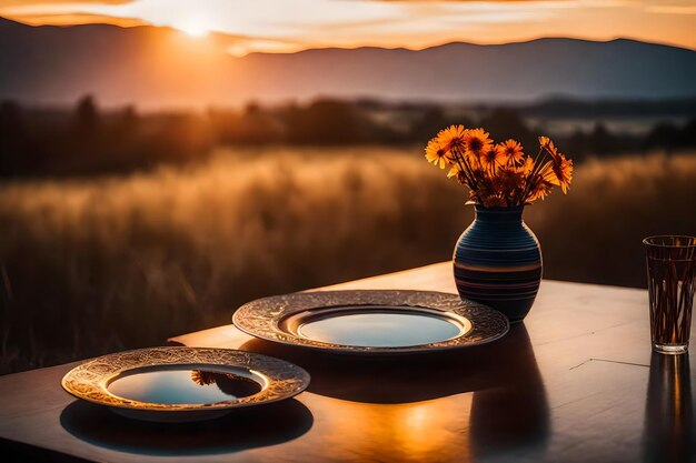 A vase and some plates on a table with a sunset in the background