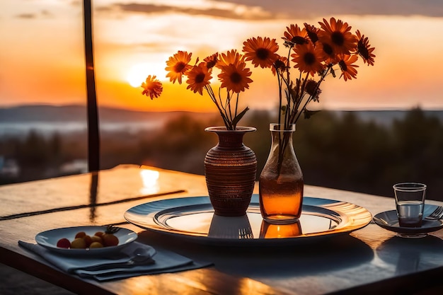 Photo a vase and some plates on a table with a sunset in the background