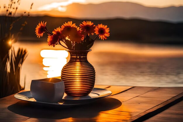 Photo a vase and some plates on a table with a sunset in the background