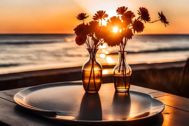 Foto un vaso e alcuni piatti su un tavolo con un tramonto sullo sfondo