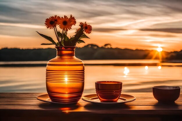 Photo a vase and some plates on a table with a sunset in the background