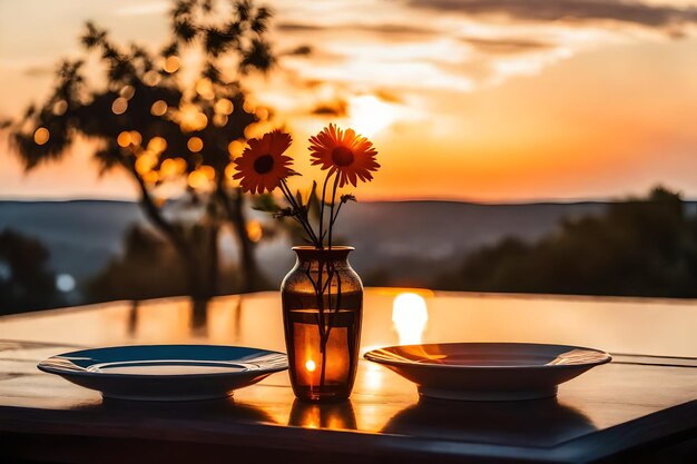 Photo a vase and some plates on a table with a sunset in the background