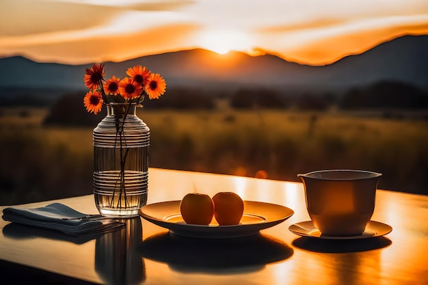 Foto un vaso e alcuni piatti su un tavolo con un tramonto sullo sfondo