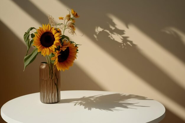 A vase of sunflowers is on a table with a shadow of the blinds.