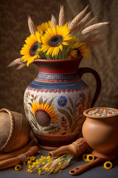 A vase of sunflowers sits on a table with a few other items.