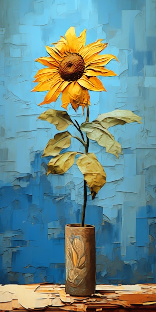 A Vase of Sunflowers on a Torn Paper Texture