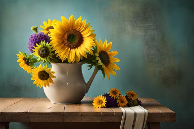 A vase of sunflowers with a striped cloth on a wooden table