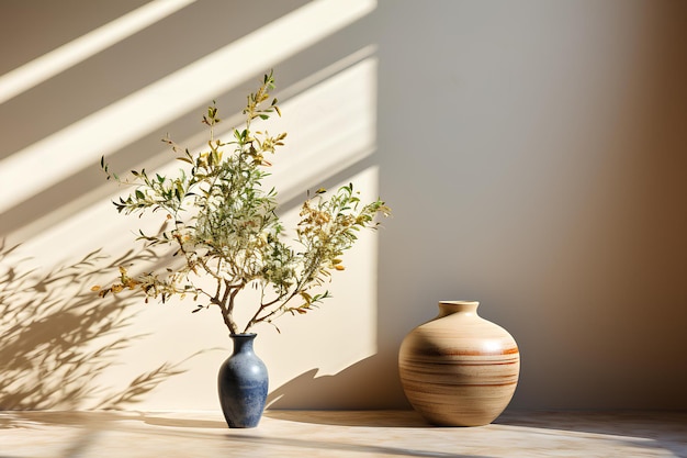 太陽の光に照らされたテーブルの上の花瓶