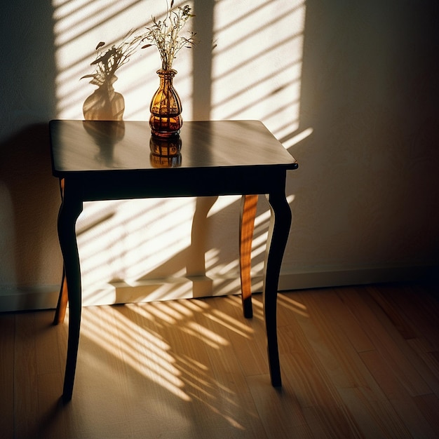 꽃병 테이블 차 커피와 햇빛 창 사진 Generative AI