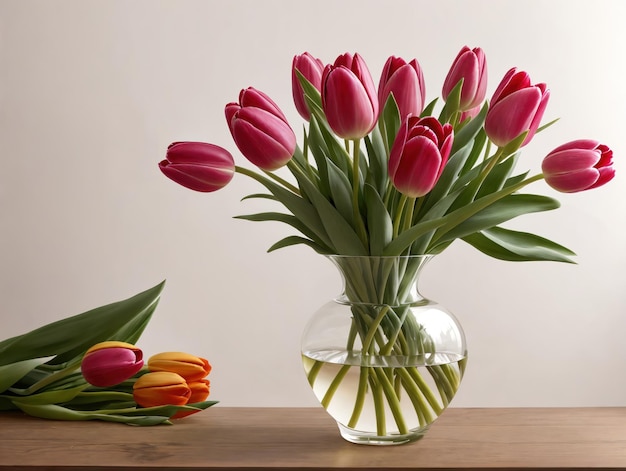 A vase of tulips sits on a table next to a vase with water and a few other tulips.