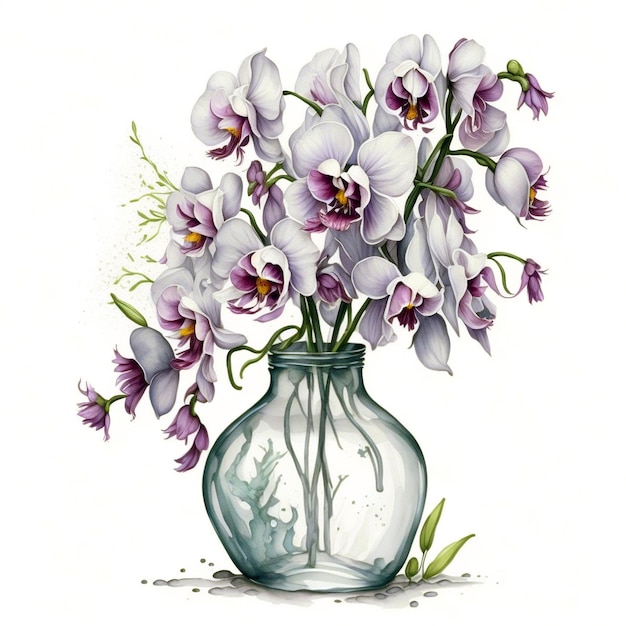 Vase van orchidee clipart witte achtergrond verspreid waterkleur verspreid waterverf