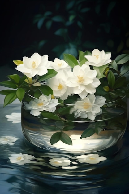 A vase of white flowers is on a table with a dark background.