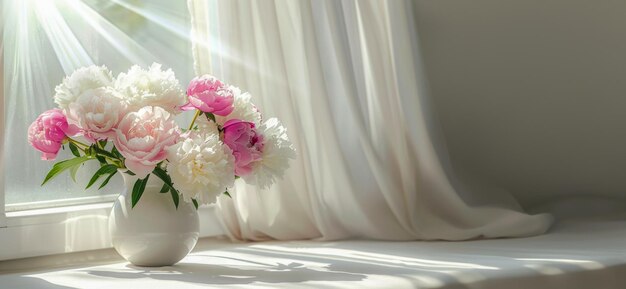 a vase of white flowers sits on a window sill