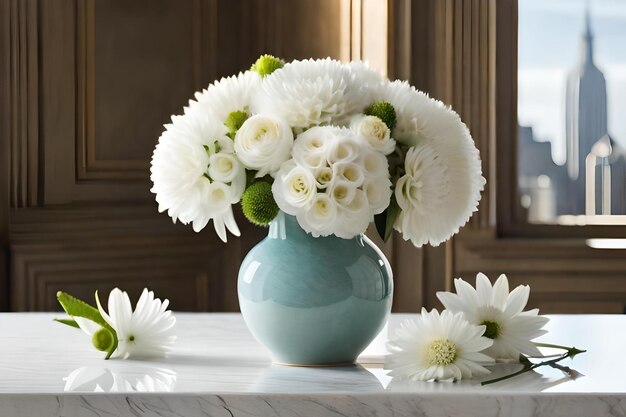Photo a vase of white flowers with a blue vase with white flowers on a marble table.