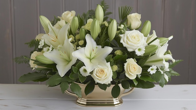 A vase of white lilies with green leaves and white roses.