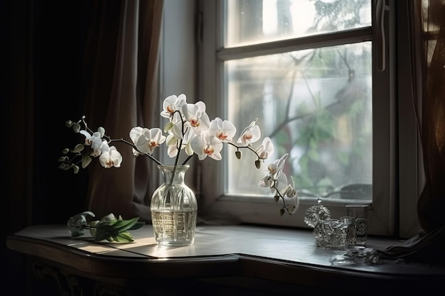 A vase of white orchids sits on a table in front of a window.