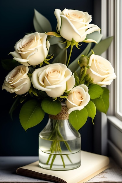 A vase of white roses sits on a table next to a window.