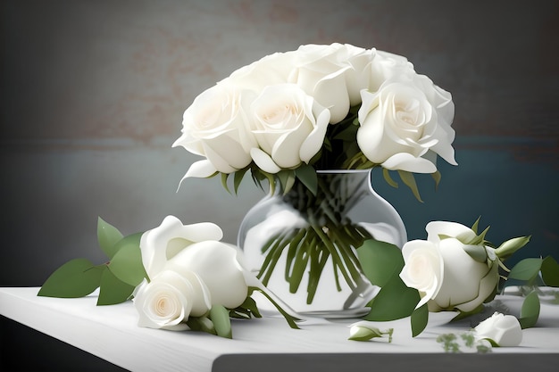 A vase of white roses sits on a table with a grey background