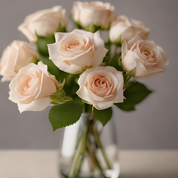 ваза с белыми розами с зелеными листьями и серым фоном