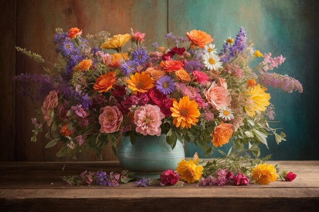 Vase of wildflowers on wooden table and pastel wall texture background