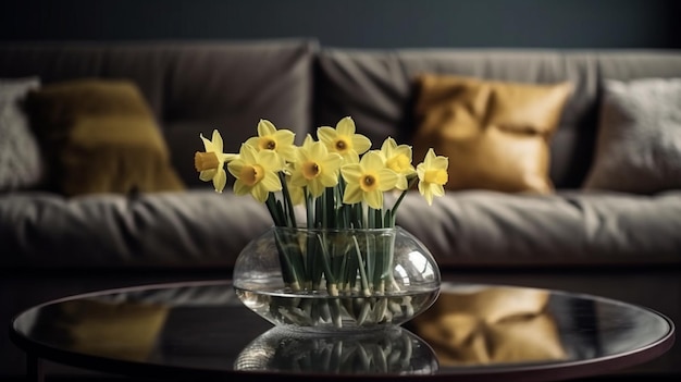 Vase with beautiful daffodils on table in living roomgenerative ai