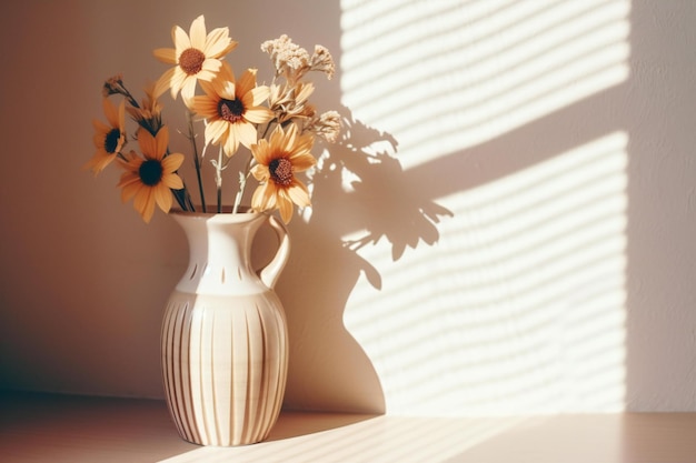 Vase with beautiful flowers on table near window with sunlight and shadows