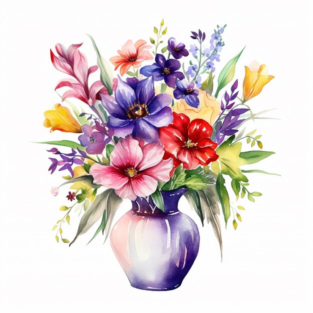Ваза с красивыми разноцветными цветами акварелью