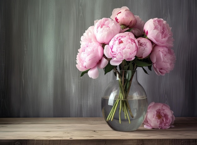 테이블 위에 아름다운 피오니 꽃이 있는 꽃병은 생성 인공지능 기술로 만들어졌습니다.