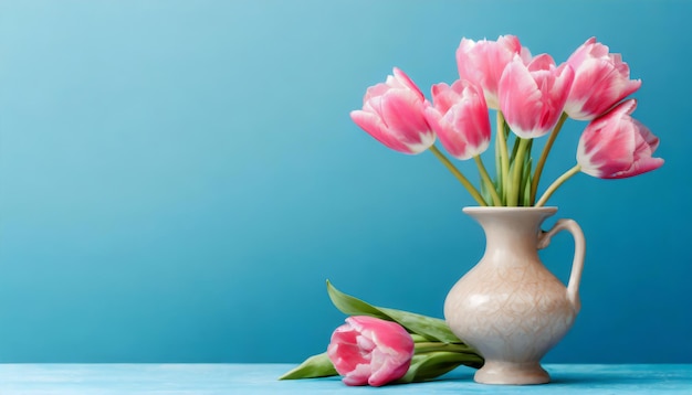 Ваза с красивыми розовыми тюльпанами на синем фоне с копировальным пространством