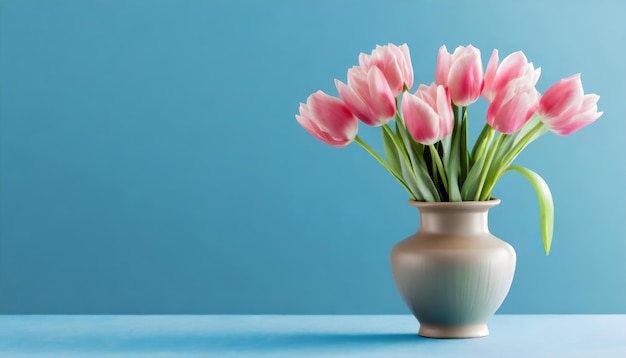 Vase with beautiful pink tulips on blue background with copy space