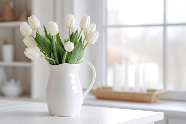 Фото Ваза с красивыми тюльпановыми цветами на столе