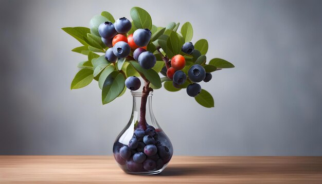 Photo a vase with berries and berries on a wooden table