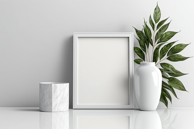 Vase with blank photo frame on ground next to white wall