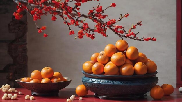 사진 중국 신년 축제 를 위해 준비 된 견과류 와 사탕 과일 상자  에 꽃 이 피는 가지 가 있는 꽃병