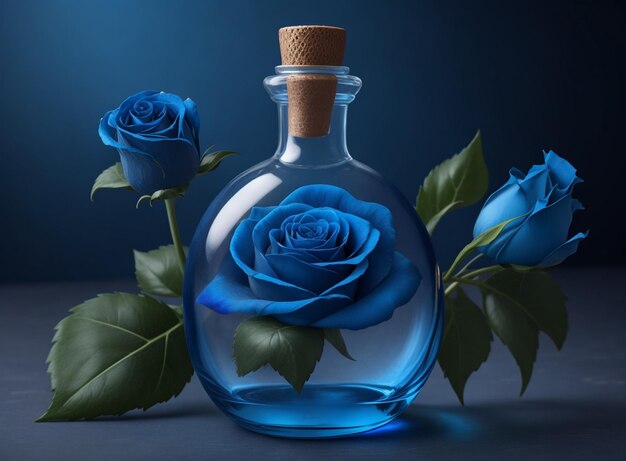 Photo a vase with a blue flower and a blue rose in it