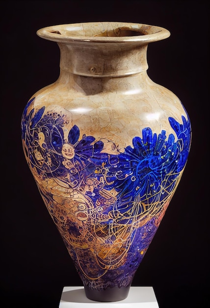 A vase with a blue flower design on it