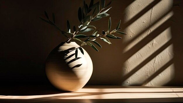 A vase with a branch in it sits on a table.