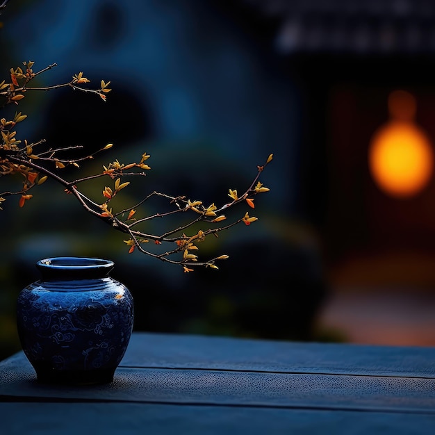 A vase with a branch in it sits on a table.