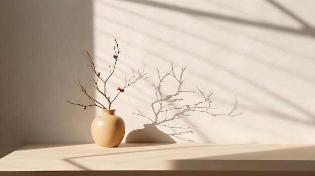 A vase with a branch in it and the sun shining through the window.