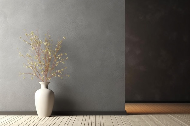 A vase with a branch of willow in it sits in a room with a grey wall behind it.