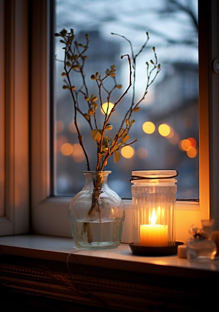 Vase with branches and candles on the windowsill in the evening