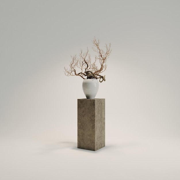 A vase with branches and a concrete base is on a pedestal.