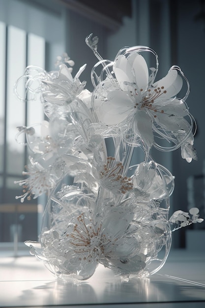 A vase with clear plastic flowers and a window behind it