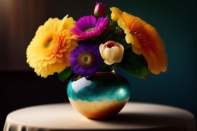 テーブルの上に色とりどりの花が飾られた花瓶
